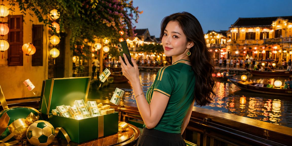 Người dùng tại Hội An thao tác nạp tiền casino trên điện thoại dưới ánh đèn lồng
